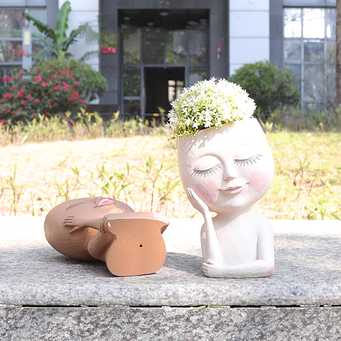 CASANIA Closed Eyes Girl Head Planter Pot with Drainage Hole, Resin Face Planter for Succulents Small Plants, Indoor Outdoor Whimsical Decor for Home Garden Office, Gift for Plant Lovers