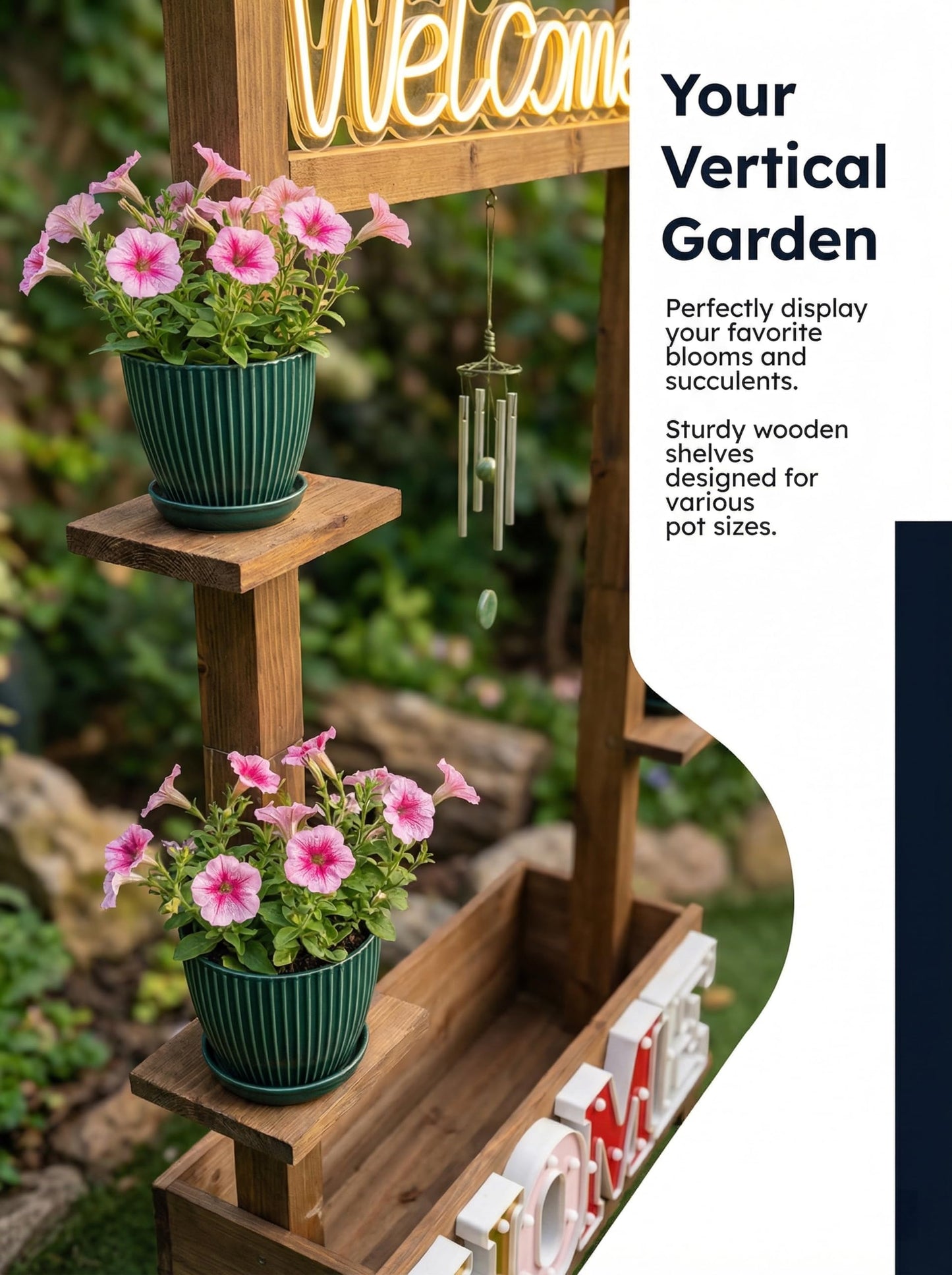 Borsynium Rustic-Style Floor-Standing Wooden LED Sign with Plug-in Functionality, Ideal for Planting or Arranging Flowers in Gardens, Lawns, or Front Entrances, 28.7x8.7x50.0 Inches