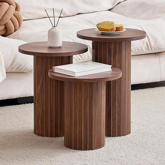 Round Side Tables Set of 3, Circle Modern Fluted Nesting Coffee Table, Accent