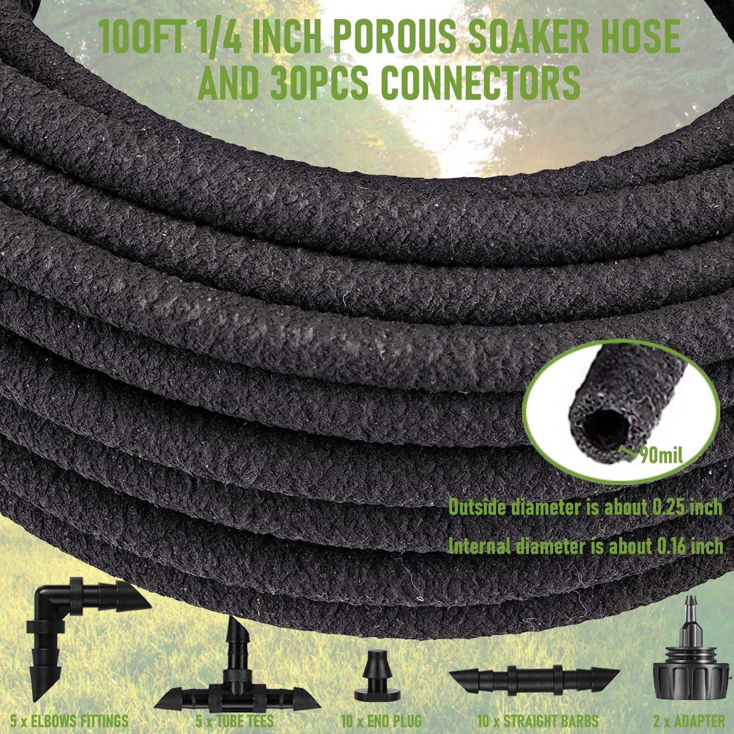 1/4 Inch Soaker Hose for Garden 100ft Soaker Irrigation Drip Hose System, Heavy Duty Drip Irrigation Tubing with Hose Connector Accessories for Watering Garden Beds Vegetable Lawn and Yard (100ft)