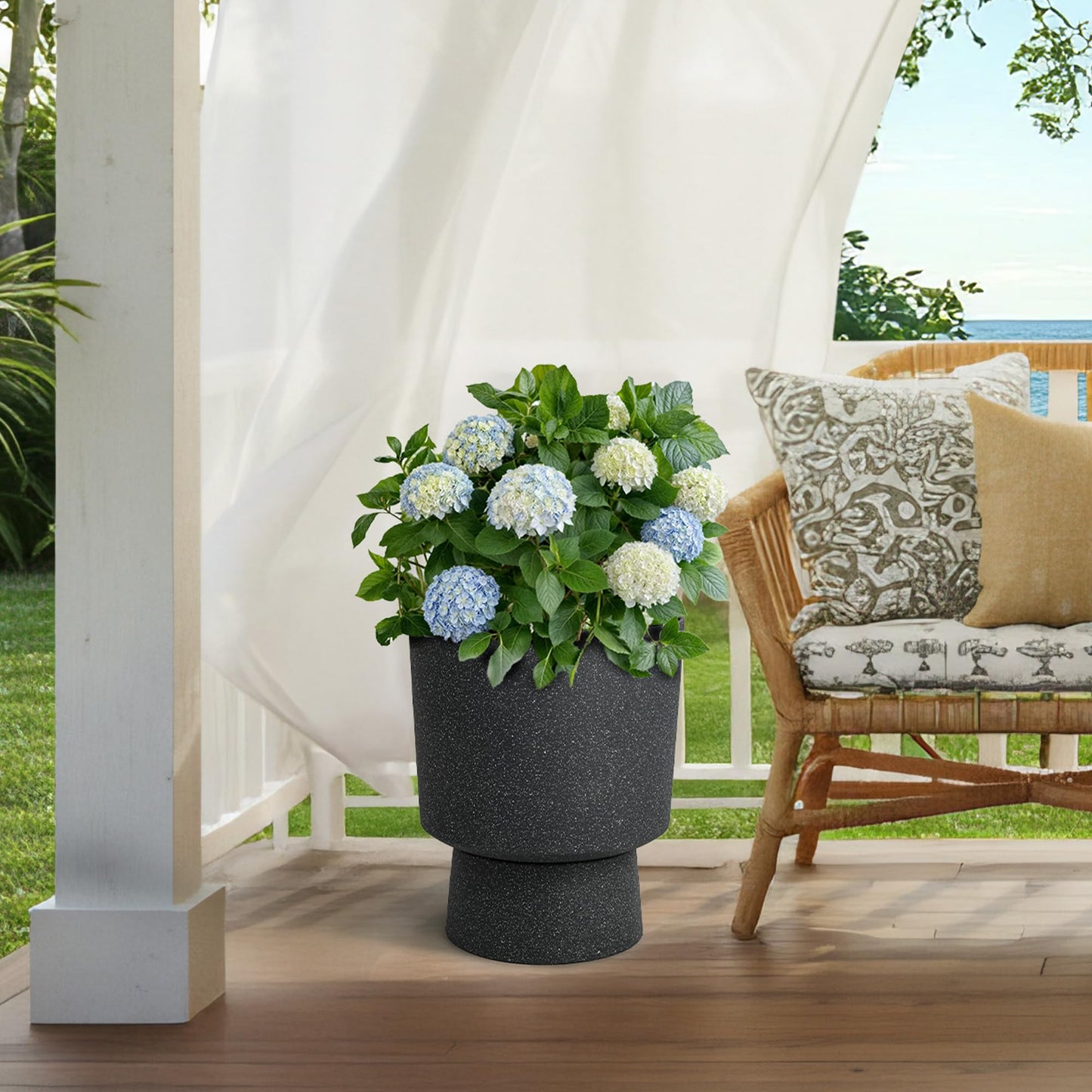 Ultym 16.8" Large Planters Set of 2 Modern Pedestal Plant Pots with Drainage Hole, Durable Plastic Flower Pots w/Terrazzo Finish, Weather-Resistant for Garden Patio Balcony Home Outdoor Indoor Decor