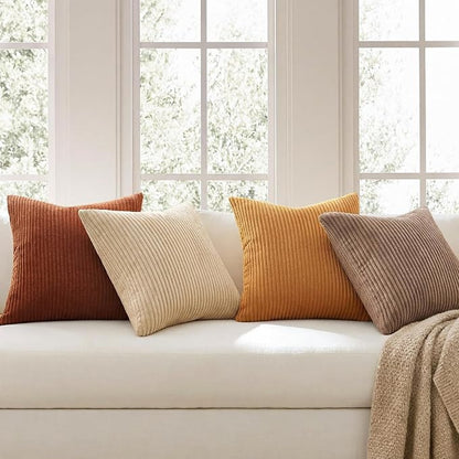 Topfinel Boho Throw Pillow Covers 18x18 Inch Set of 4 Soft Farmhouse Corduroy Striped Decorative Cushion Cover Yellow Brown Gradient Rustic Pillow Case for Sofa Couch Living Room Bedroom