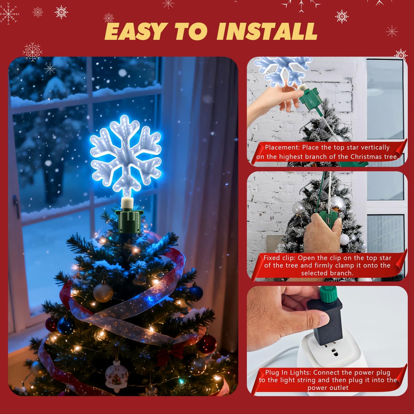 Christmas Tree Topper Lighted with White LED Lights, 360° Rotating Snowflake Tree Topper Ornament with Clip, Infinity Mirror Tree Topper Snowflake for Xmas Party Holiday Christmas Decorations