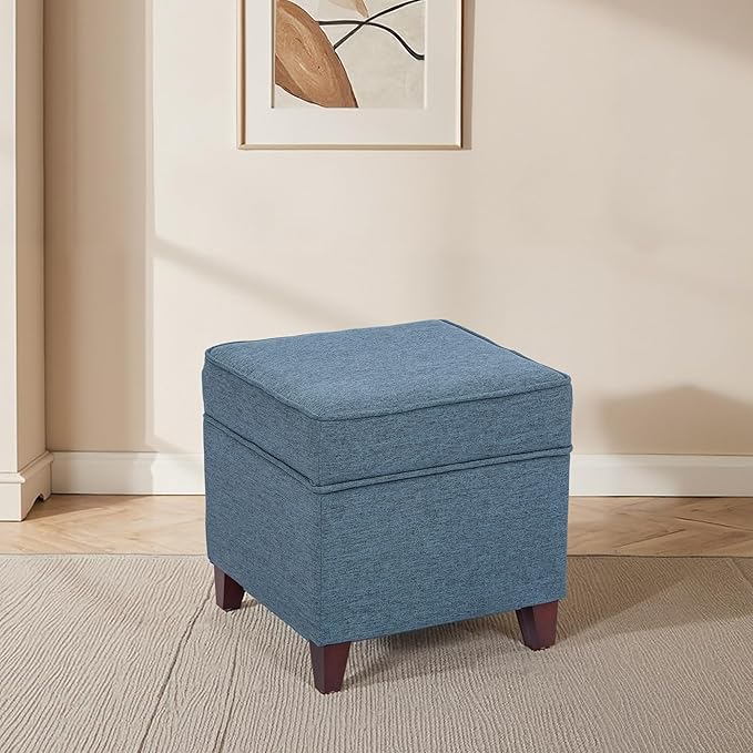 Adeco 17" Square Ottoman with Storage, Small Blue Storage Ottoman Foot Rest