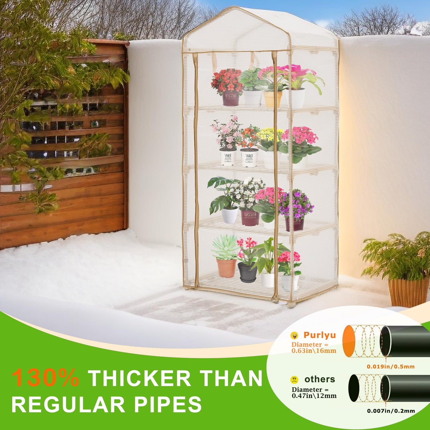Purlyu 4-Tier Mini Greenhouse – Indoor or Outdoor Gardening Hot House with PE Zippered Cover and Metal Shelves for Growing Vegetables, Flowers and Seedlings 63'' H x 27'' L x 19'' W (PLGH704OWW)