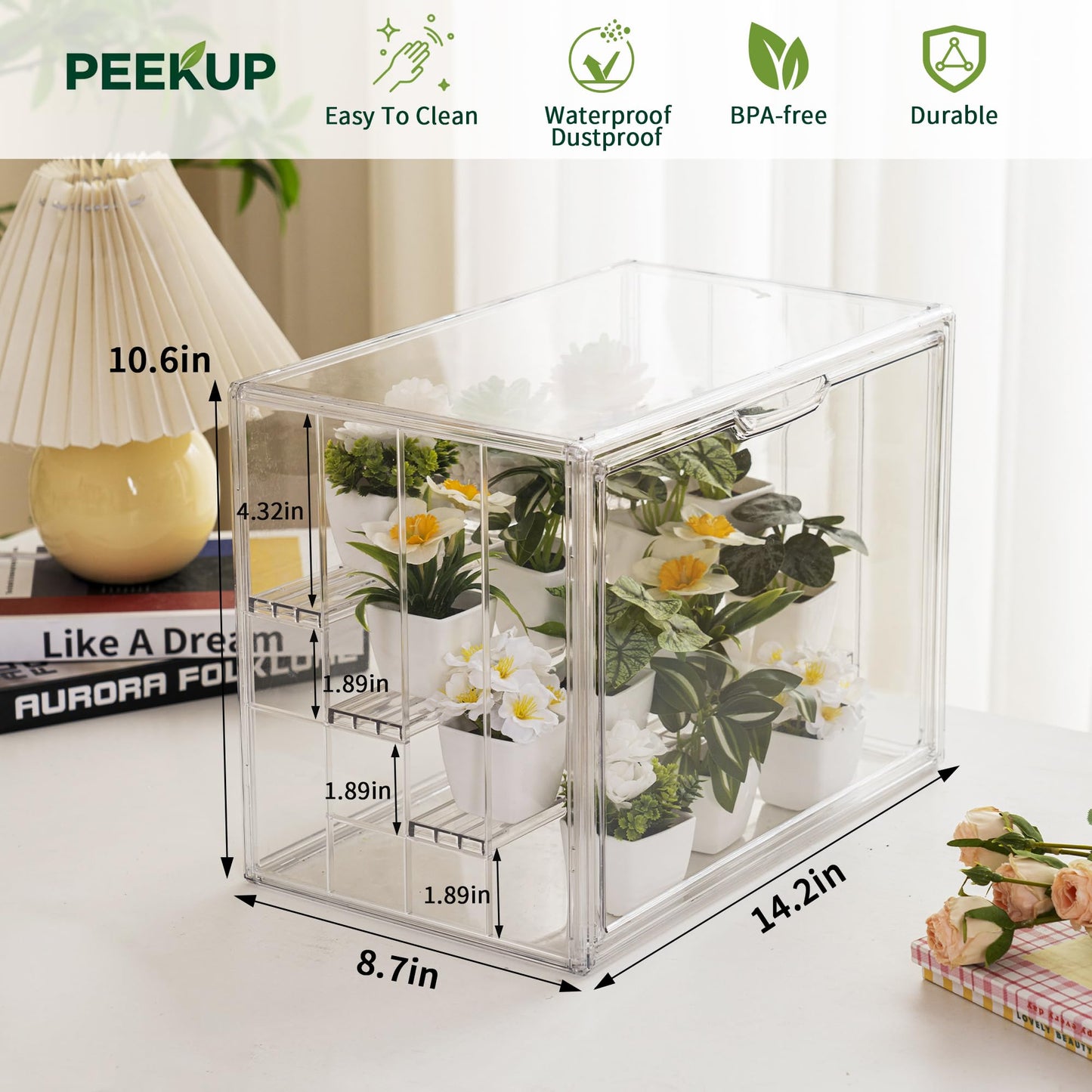 PEEKUP Clear Mini Greenhouse Indoor, Small Portable Tabletop Green House with Magnetic Door for Seed Starting, Plant Grow Warmer and Home Gardening Display