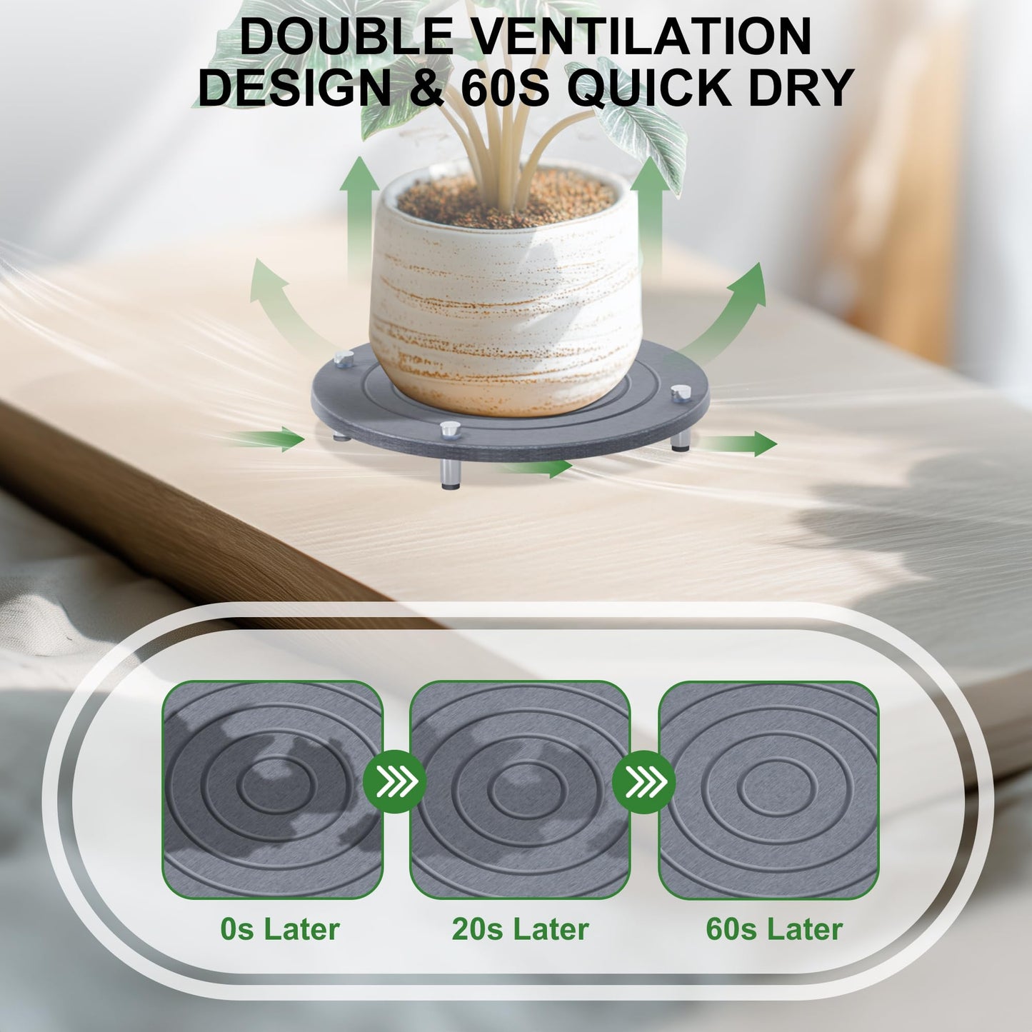 SeekElegant 2Pcs 8 Inch Plant Saucers for Indoors, Instant Dry Diatomaceous Earth Plant Saucer, Plant Trays for Pots with Stainless Steel Feet, Plant Water Catcher Tray, Gray