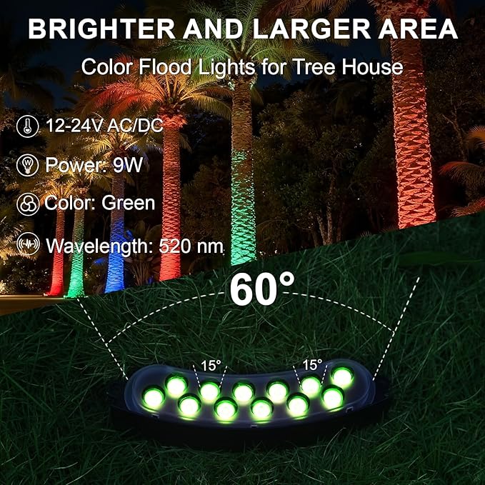 Low Voltage Landscape Flood Lights, Green Light 9W 12V Wired Outdoor LED Color Floodlights for Uplighting Palm Tree House Flag Wall Washer, Super Bright, Unique Design, Aluminum, Black, 6Pack