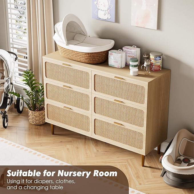 GarveeHome Rattan 6 Drawer Dresser