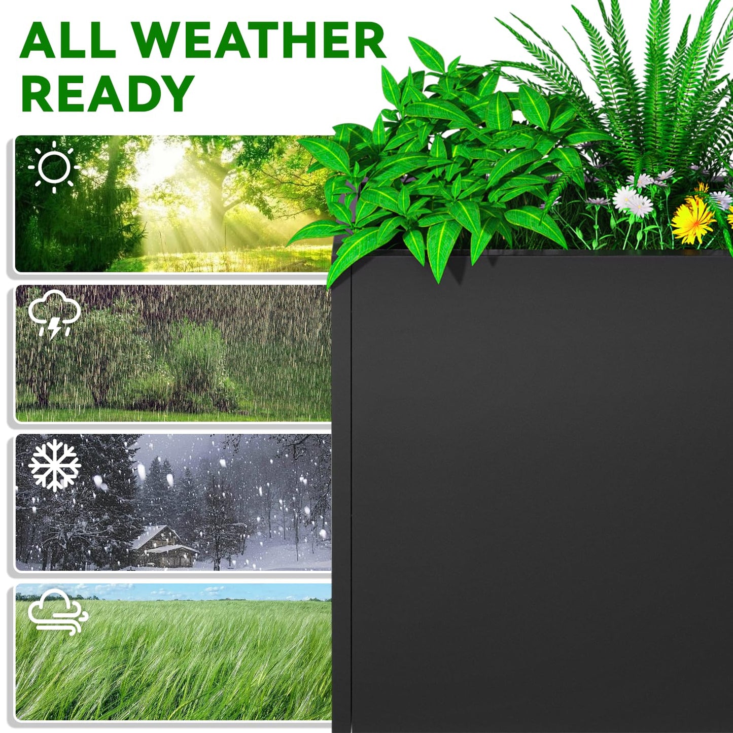 POOAMY Metal Planter, 36L x 12W x 26H, Heavy Duty Tall Planters for Outdoor Plants, Black Planters with Removable Insert Shelf, Large Planters with Drainage Holes for Porch, Patio and Yard, Black