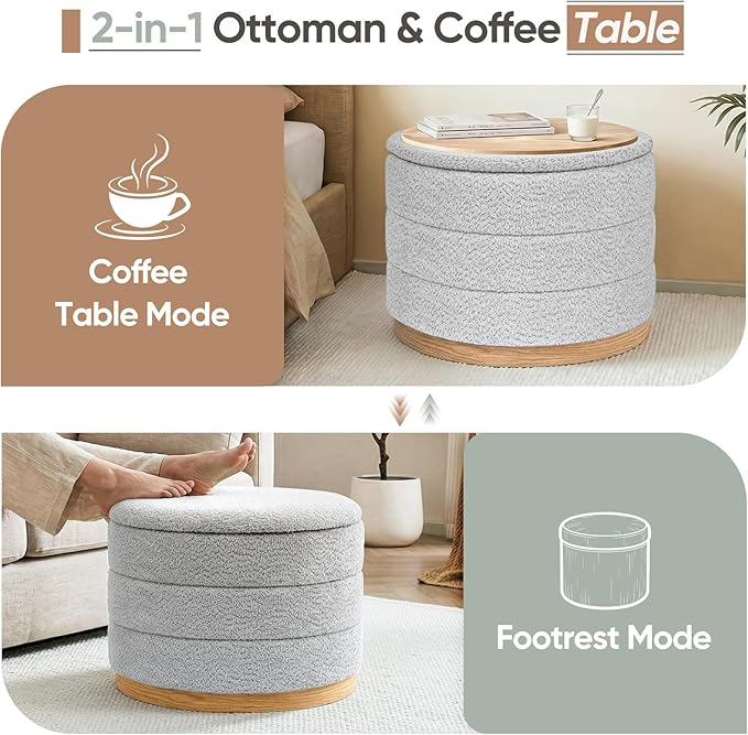 Round Storage Ottoman with Tray Lid, Folding Chenille Fabric Footrest with