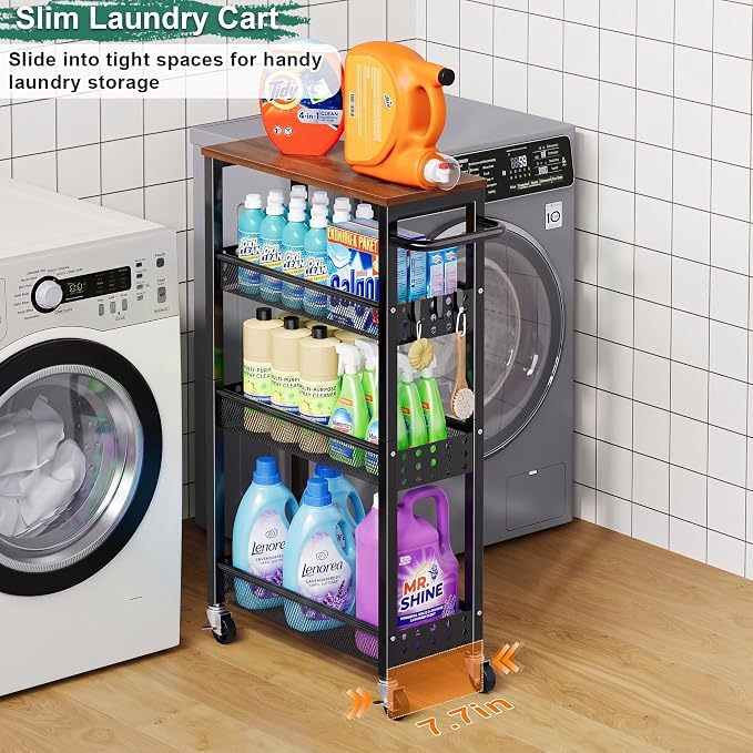Utility Slim Storage Cart, Skinny Rolling Spice Rack with Table Top, Small Laundry Organizers and Storage Shelves for Between Washer and Dryer, Thin Shelf for Narrow Spaces, 4 Tier Bathroom Cabinet