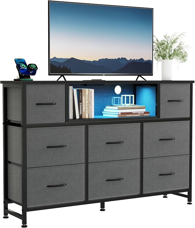 DUMOS TV Stand Dresser with 8 Fabric Drawers and Open Shelves, LED