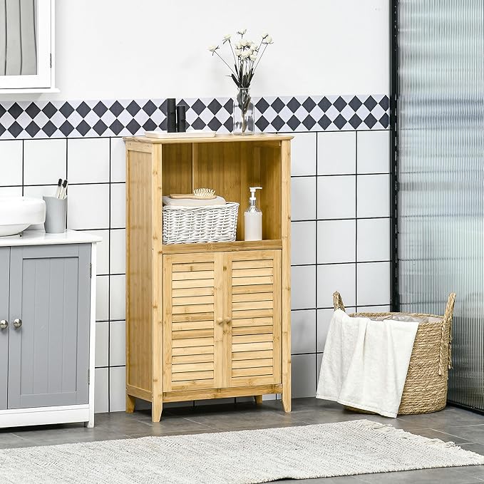 HOMCOM Bamboo Floor Cabinet Bathroom Floor Cabinet Living Room Organizer Tower