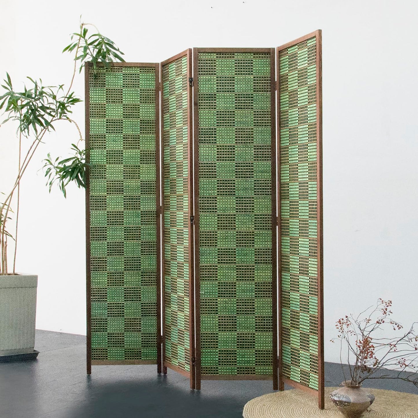 Furnnylane 4 Panel Room Divider Screen and Folding Panel Screen,Double Sided Bamboo Divider for Room Separation,Emerald Square,67" H x 63" W