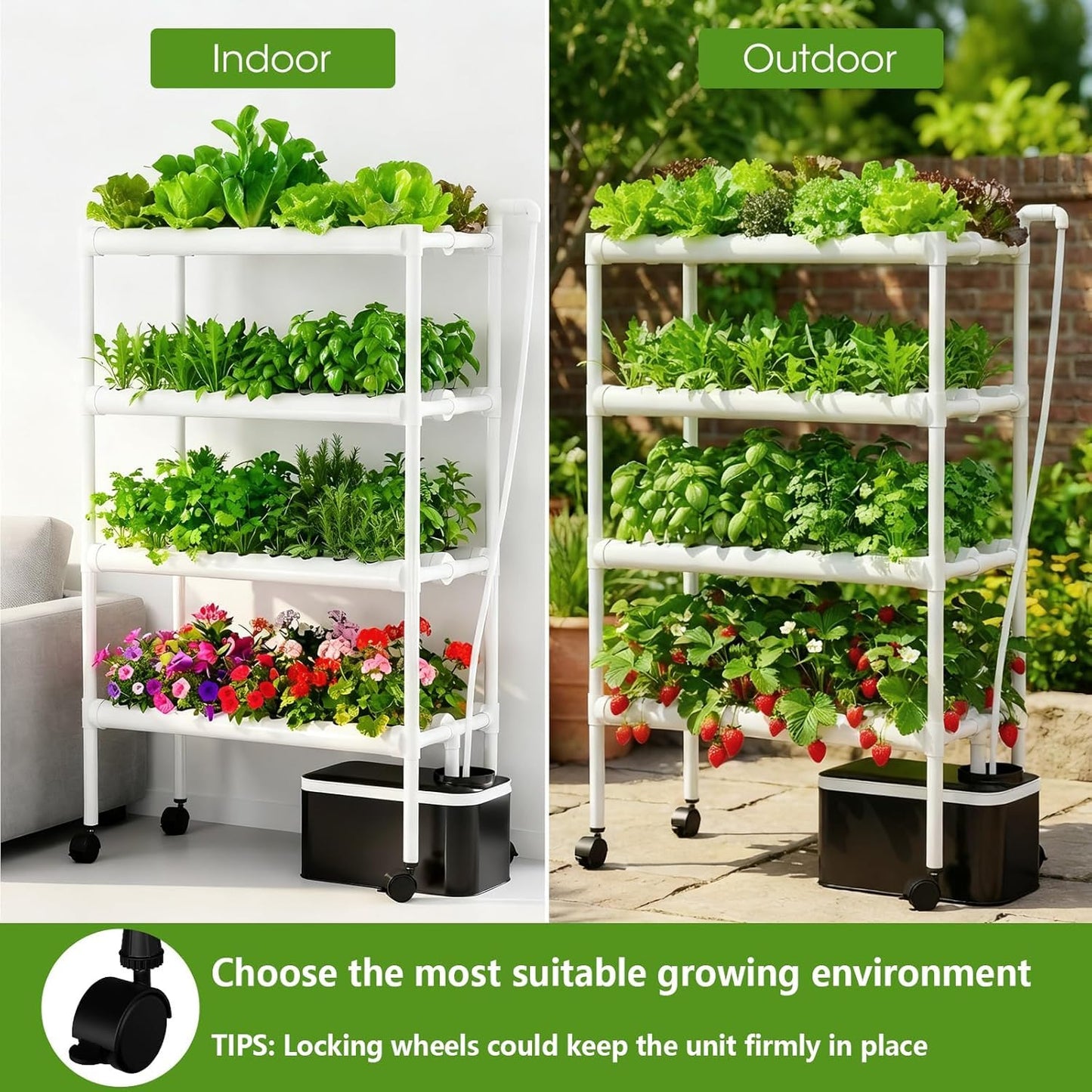 Hydroponics Growing System Kit with Wheels, 108 Plant Sites Gardening Aquaponics Tower, 4-Tier Food-Grade PVC-U Pipes Water Pump Timer for Leafy Vegetables, Indoor, Outdoor (34"x62"x15" in 108 Holes)