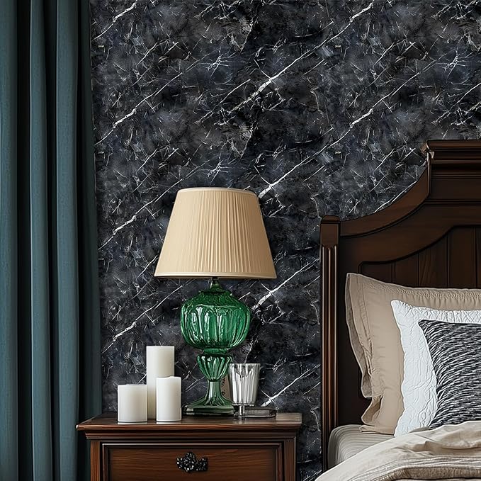 HOMETITUTE Black Marble Wallpaper Peel and Stick Dark Stone Pattern 118.1x17.7