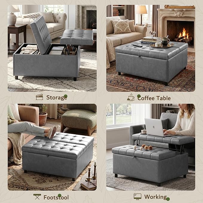 LINLUX Extra Large Leather Storage Ottoman, 35.5 Inch Large Square Lift Top