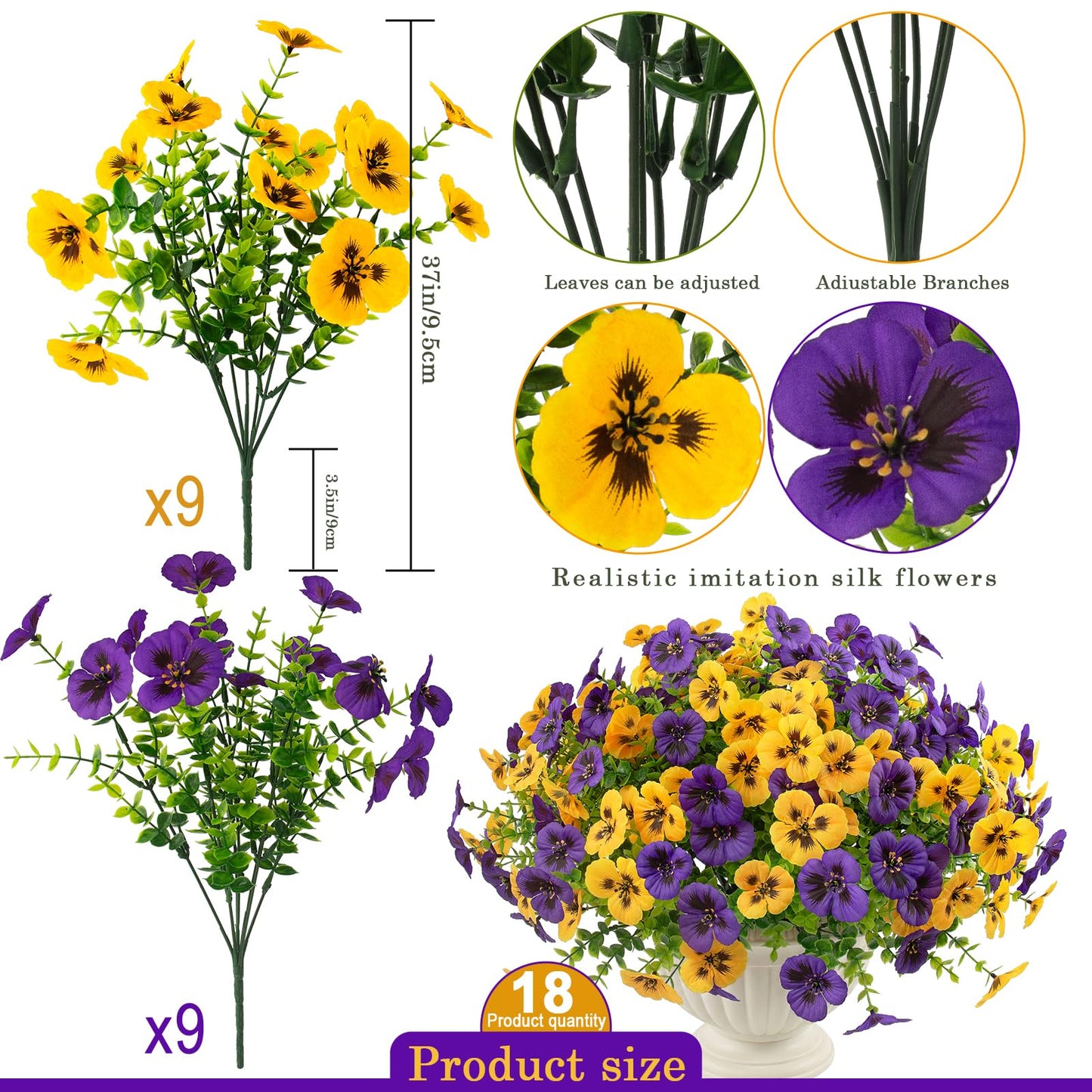 Rowfad 18 Pcs Artificial Fake Pansy Flowers for Outdoor, Faux UV Resistant Silk Pansies Flowers for Outside Planter Front Door Porch Yard Patio Window Box Home Decor (18, Yellow,Purple)