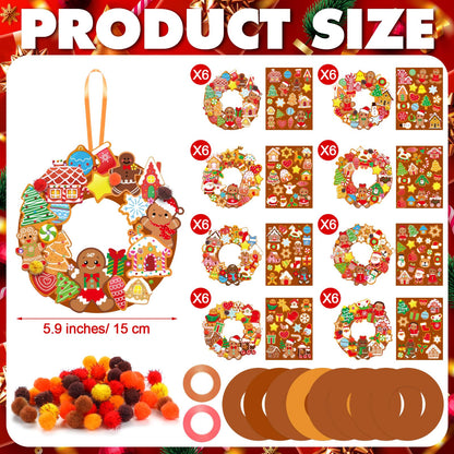 Hollowfly 48 Sets Christmas Wreath Craft Kits DIY Gingerbread Man Wreath Hanging Ornaments with Stickers for Christmas Xmas Party Supplies Favors Home Activities