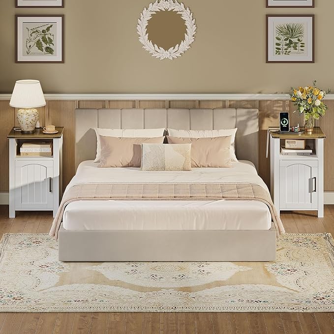 Farmhouse Nightstand with Charging Station, End Table with USB/Type-C Ports and