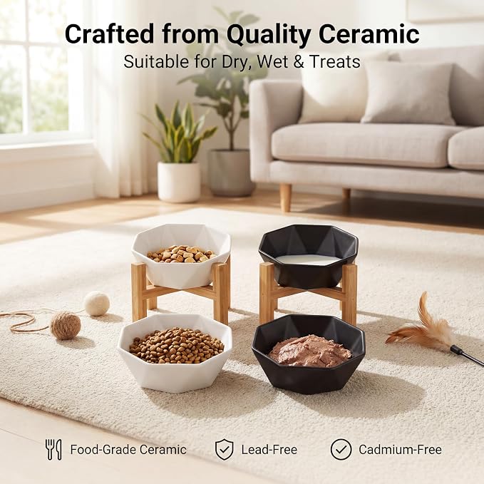 Raised Cat Bowl - Ceramic Tilted Elevated Food Bowl for Indoor Cats & Small Dogs - Shallow Wide Whisker-Friendly Design - Pet Dish Suitable for Feeding Dry, Wet, Treats & Canned Food - Black