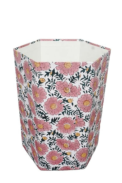 3.3 Gallon Cotton Hand Block Printed Paper Waste Basket |Small Decorative Trash Can for Housewarming Gifts in Living Room, Bedroom, Bathroom | Eco-Friendly, Plastic-Free (1, Green Pink Sun FLOWAR)