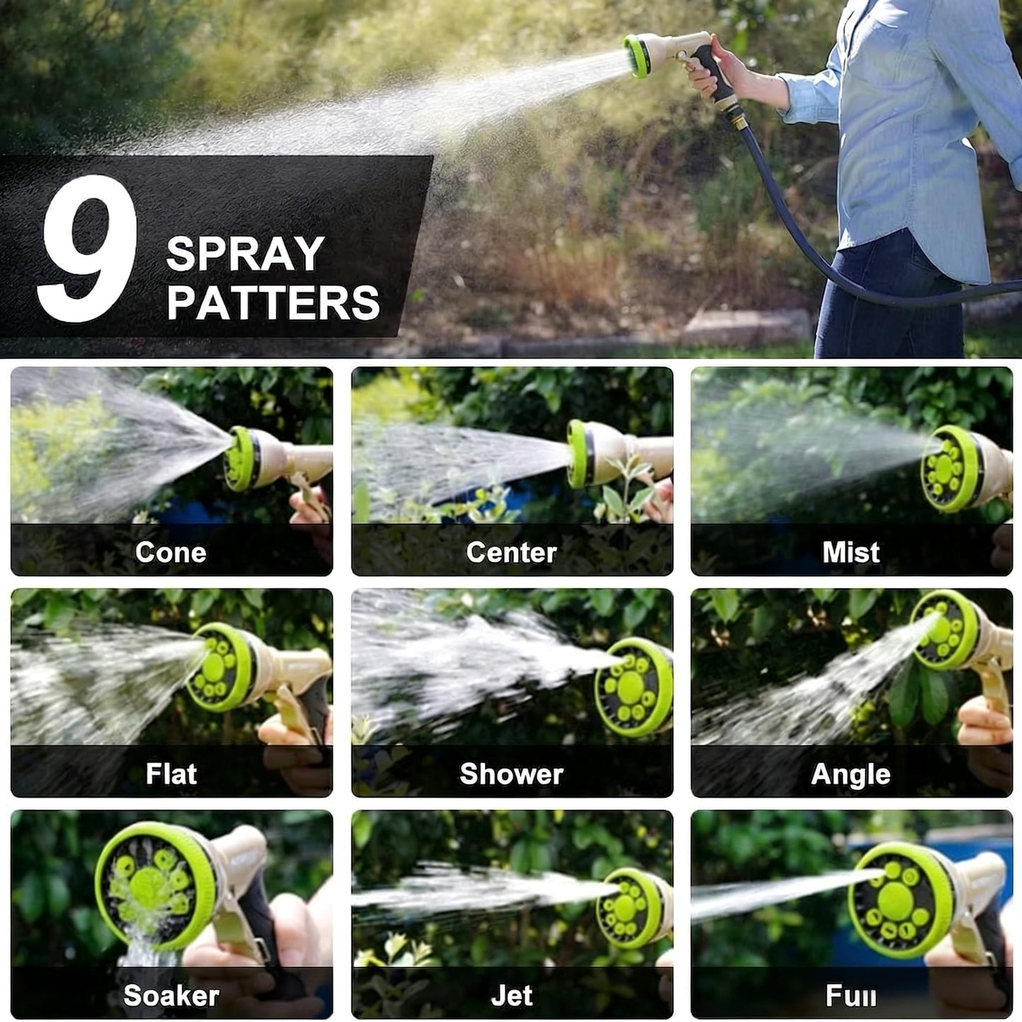 Garden Hose Nozzles 9 Adjustable Patterns Hose Spray Nozzle Heavy Duty Metal Hose Nozzle Spray Slip Resistant Water Sprayer for Cleaning/Watering Lawn Garden/Pets Shower/Car Washing (Green)
