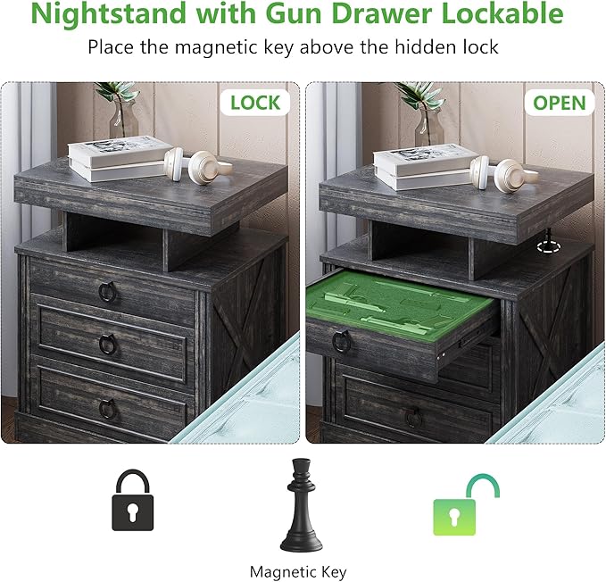 HNEBC Night Stand Set 2 with Gun Drawers, Farmhouse Nightstand with Charging