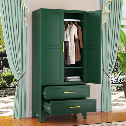 GAIOUS 71" Wardrobe Cabinet with 2 Doors, 1 Adjustable Shelf and 2 Drawers | Metal Clothing Storage Cabinets with Hanging Rod, Armoire Wardrobe Closet for Bedroom, Cloak Room, Gym (Green)