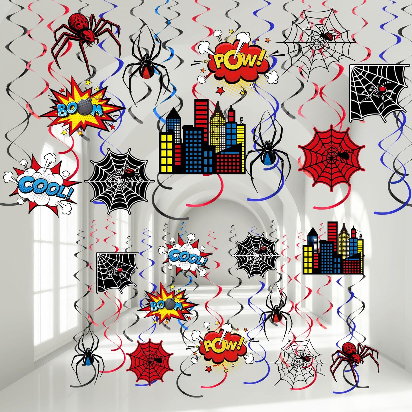 Geyoga 54 Pcs Spider Party Hanging Decor Spider Birthday Hanging Swirl Cityscape Decoration Swirls Hero Decor for Hero Birthday Party Supplies Decoration