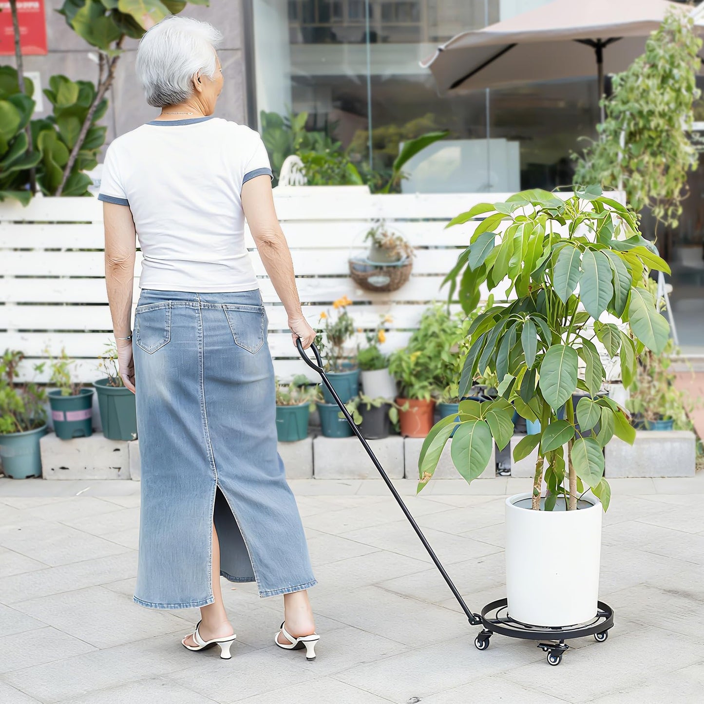 Goooxim 14" Plant Dolly with Wheels - Heavy Duty Rolling Planter Base, Lockable Wheels, Detachable Handle, Ideal for Indoor/Outdoor Use with Large Pots and Easy Transport Solutions