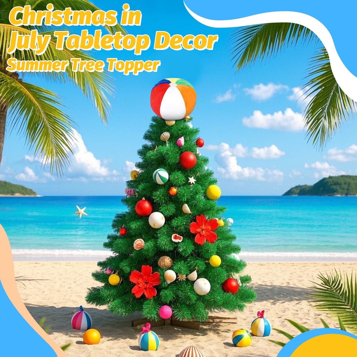 Summer Beach Ball Tree Topper, 8” Rainbow Beach Ball Tree Decor, Plush Stuffed Summer Tree Topper for Christmas in July Pool Beach Luau Hawaiian Themed Tropical Party