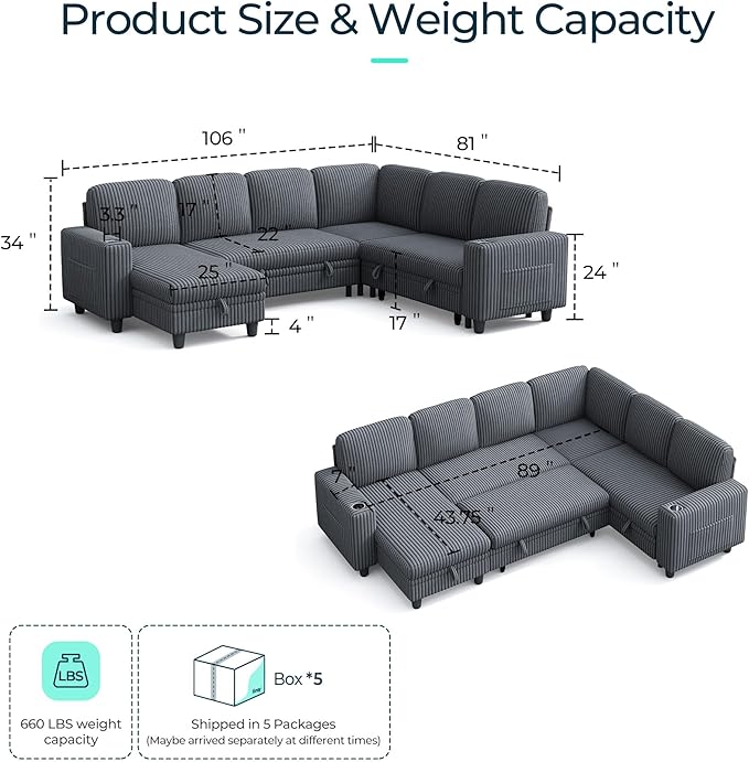 LINSY HOME Sectional Sleeper Sofa Pull Out Couches