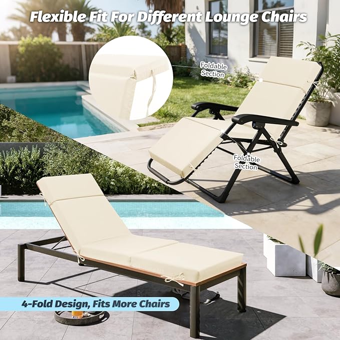 2 Pcs Outdoor Chaise Lounge Cushion 72" x 21" x 3", 4-Section Folding Patio
