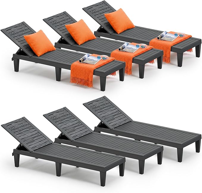 Outdoor Lounge Chair Set of 6, 5-Positions Adjustable Patio Chaise Lounges