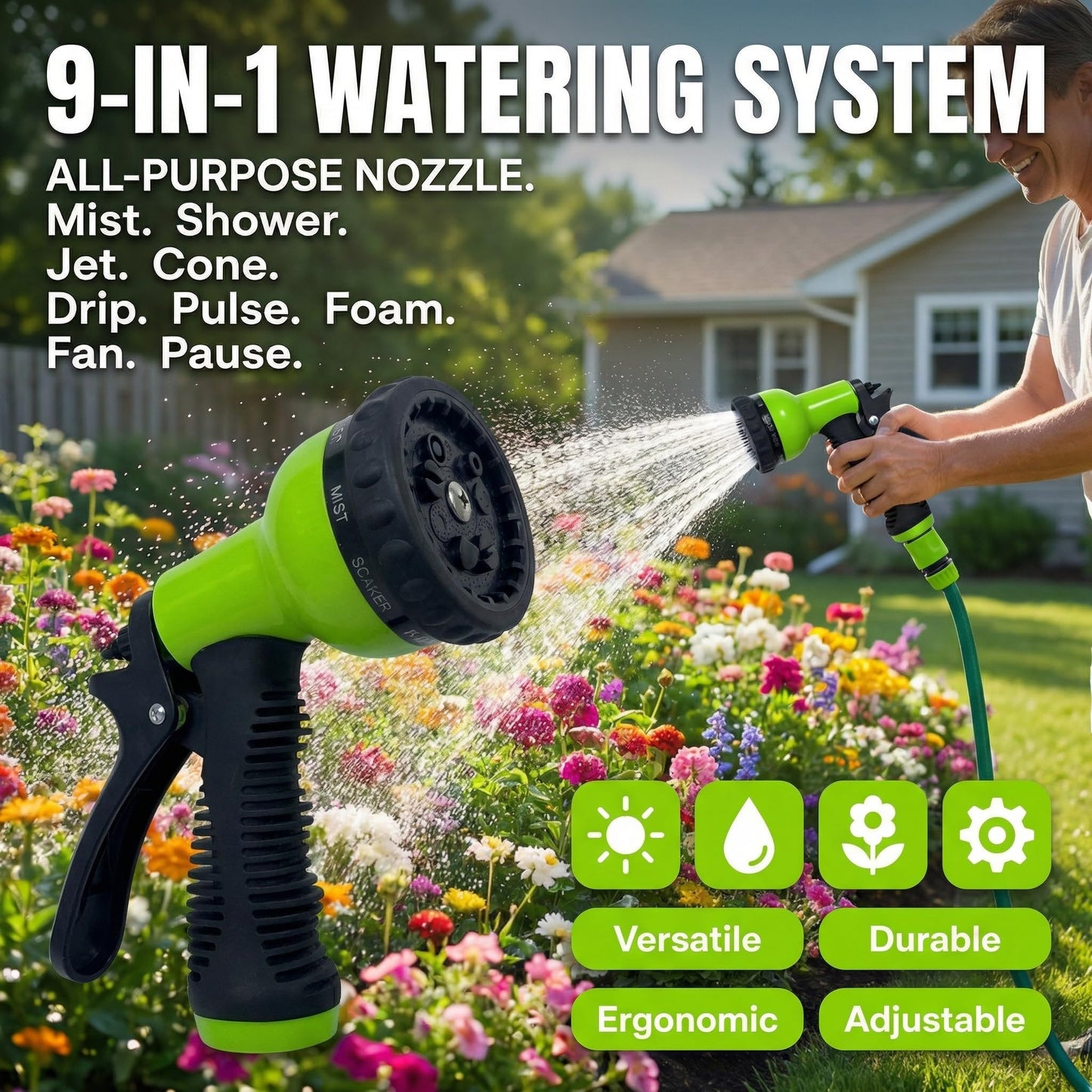 FXFOUCS Garden Hose Nozzle Sprayer-This High Heavy-Duty Spray Nozzle Offer 9 Watering Patterns for Watering Plants,Lawns &Gardens,Washing Cars,Household Cleaning and Showering Pets (Green-dark)