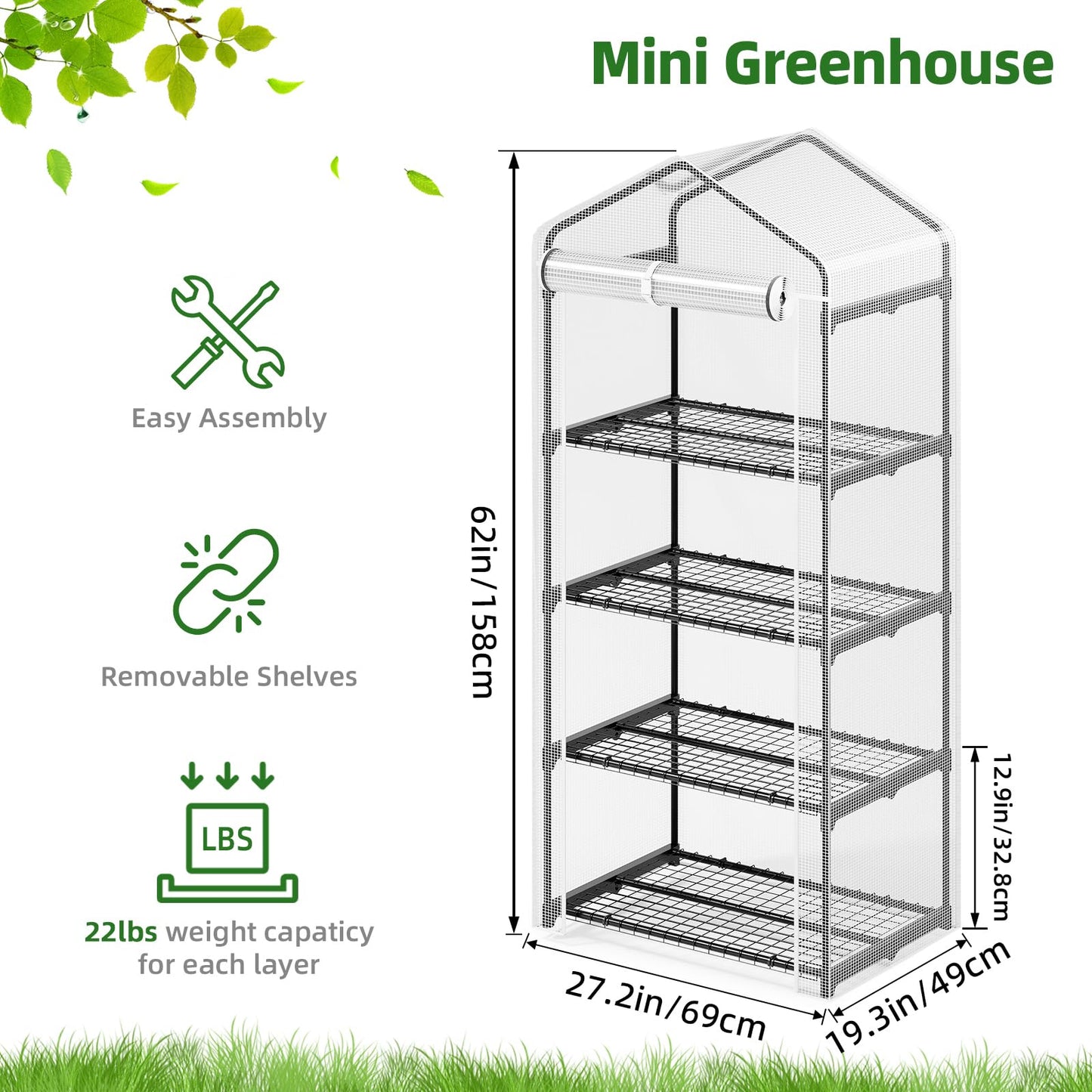 Superlele Mini Greenhouse, Plant Stand for Indoor Outdoor, 27x19x62-Inch Plant Greenhouse, 4 Tier Plant Shelf with Durable PE Mesh Cover, Portable Greenhouse for Seeding, Gardening Gifts
