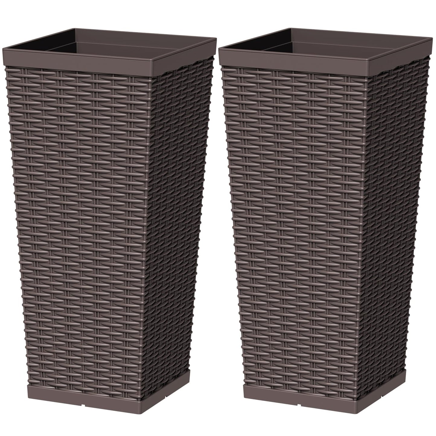Greesum 23 Inch Tall Plastic Planters (Set of 2), Large Outdoor Flower Pots with Detachable Inner Pot & Drainage Holes for Plants, Trees, Patio, and Garden, Brown