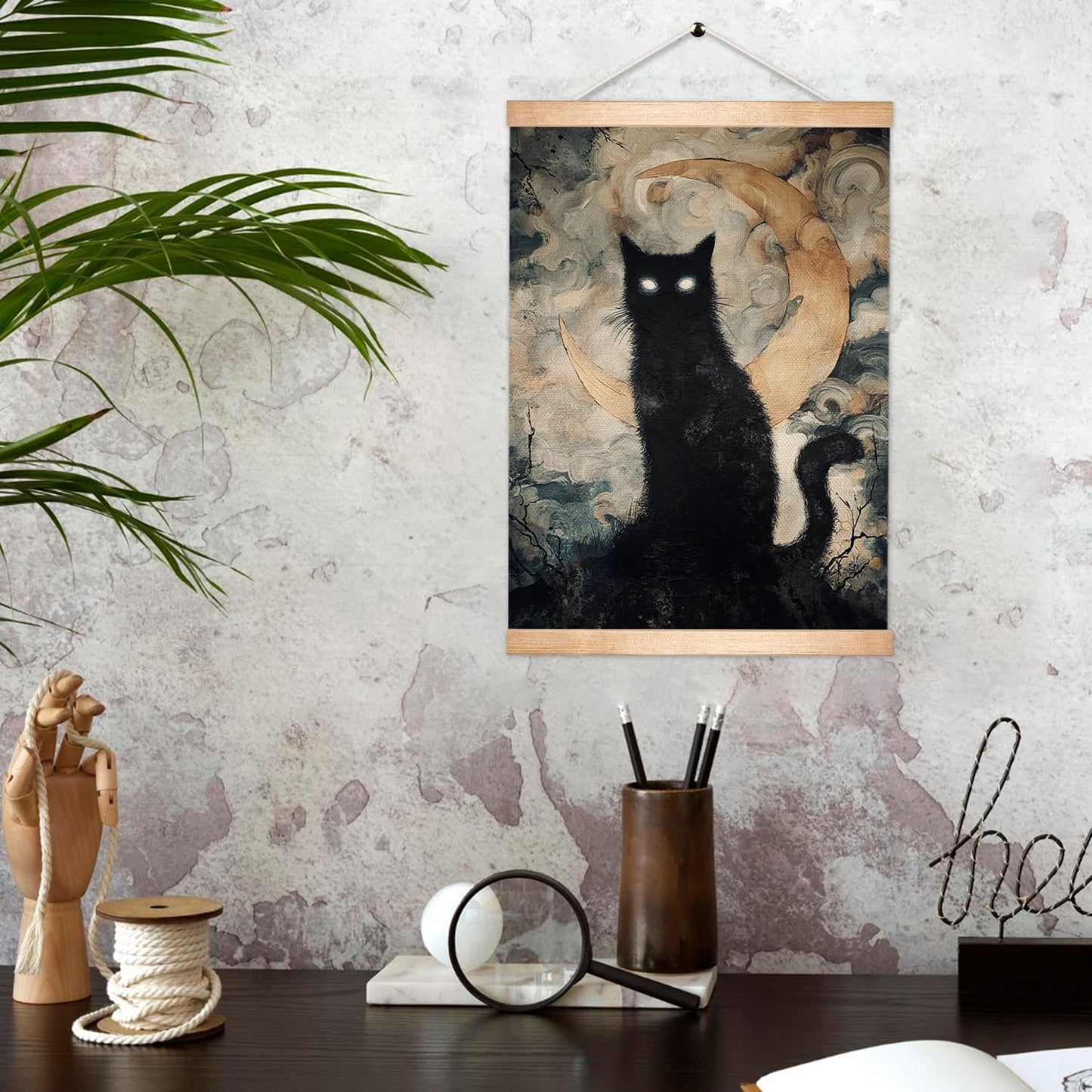 HEYJEEPER Halloween Black Cat Wall Art Hanging Poster 14x18In, Gothic Cat with Glowing Eyes and Crescent Moon Canvas Print, Spooky Witchy Wall Décor, Dark Academia Gothic Artwork for Haunted House Bedroom
