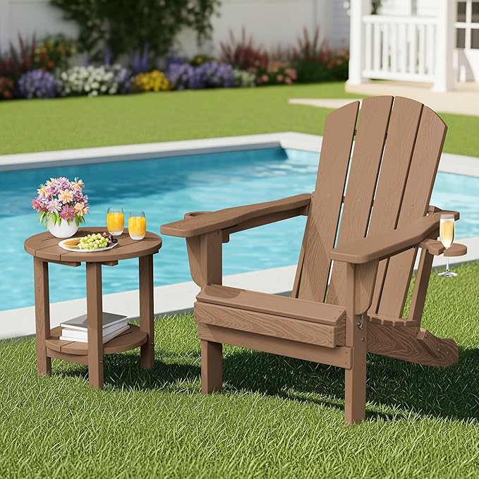 SERWALL Round Outdoor Side Table Set of 2, HDPE Small Adirondack Double End