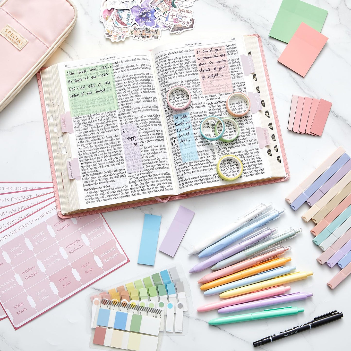 98 Pcs Bible Study Supplies, Bible Journaling Kit for Women, Aesthetic Study Kit with Pencil Case Book Annotation Aesthetic Highlighters Notes Gel Pens for Office Christian Gifts Christmas(Pink)