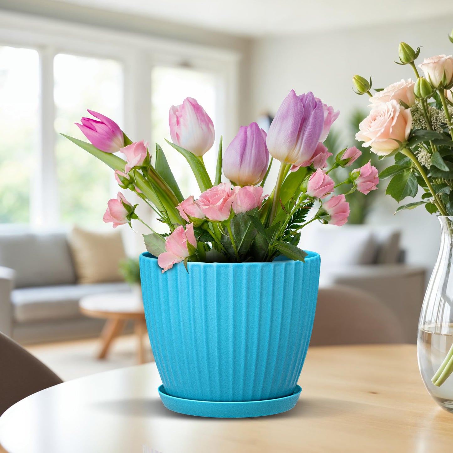 Blue 6-Inch Plant Pots with Drainage & Saucers 12 Pack, Indoor & Outdoor Planters for Houseplants, Herbs, and Flowers, Durable & Weatherproof Material, Stackable, Lightweight, Minimalist Design