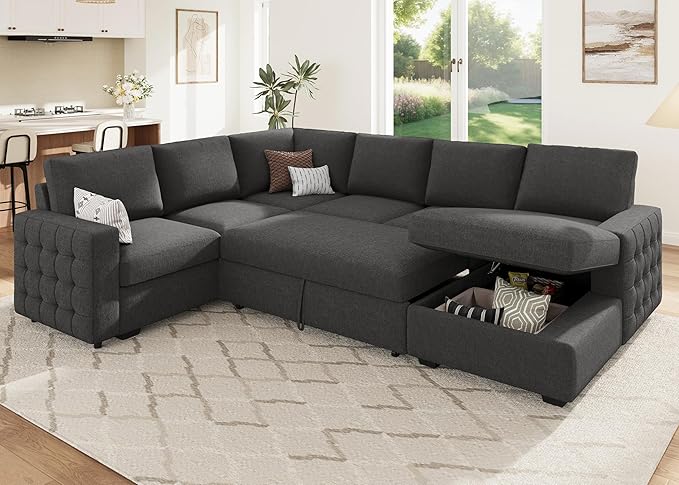HONBAY Sectional Couch with Pull Out Bed, U-Shaped Sectional Sleeper Sofa with