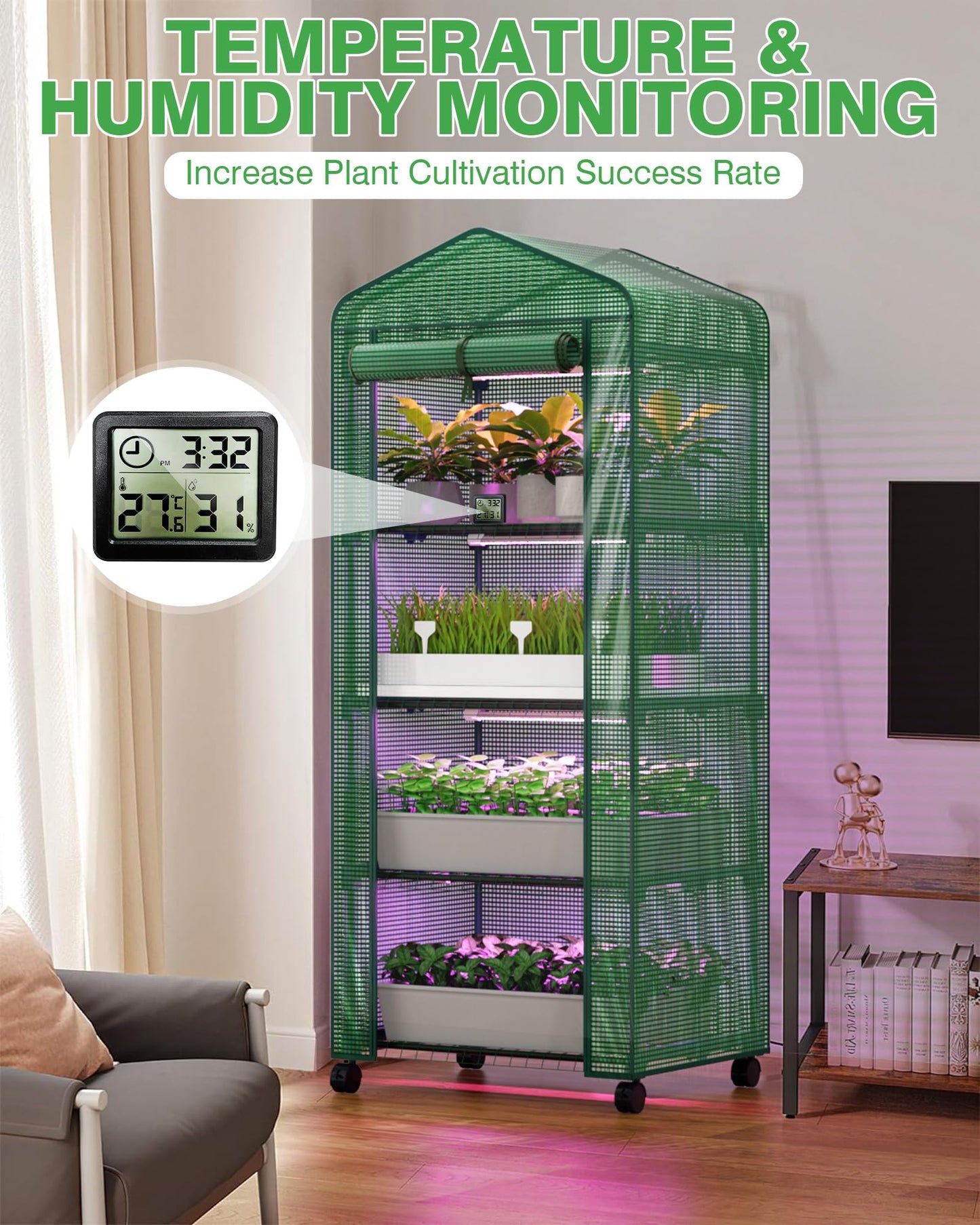 PYY Mini Indoor Greenhouse with Grow Light - Small Portable Outdoor Plant Green House Cabinet with Wheels, Thermometer, PE Tent Cover, 4 Dimmable 3 Color 2FT 36W LED Kit, 4 Tier Gardening Shelves