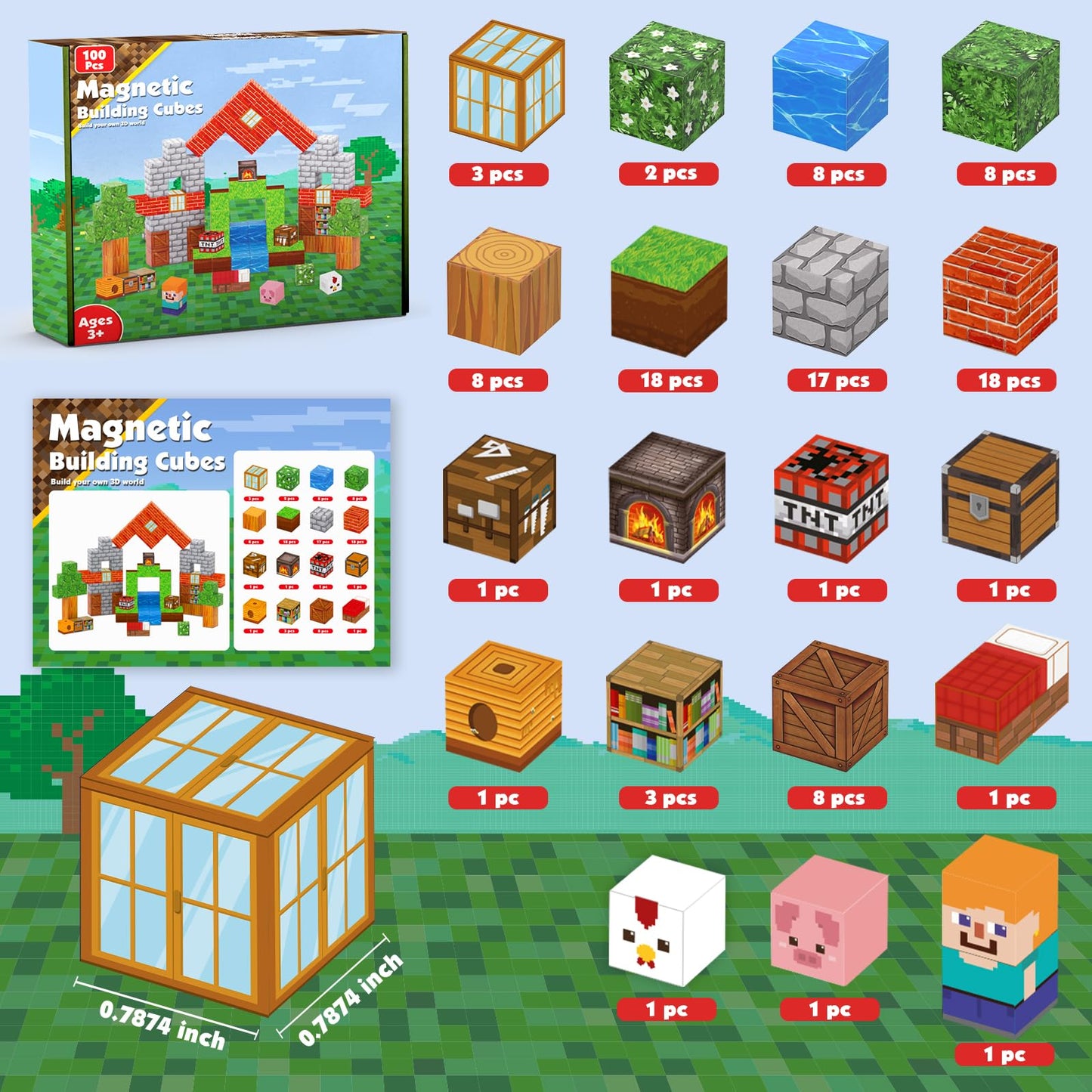 Magnetic Blocks - 100PCS Magnetic Building Blocks Cubes, Magnet Toys for Kids Age 3+, Toy Building Set for Kids, Magnets Stacking Construction Toys Easter Birthday Gifts for Boys Girls Age 4-8, 8-12