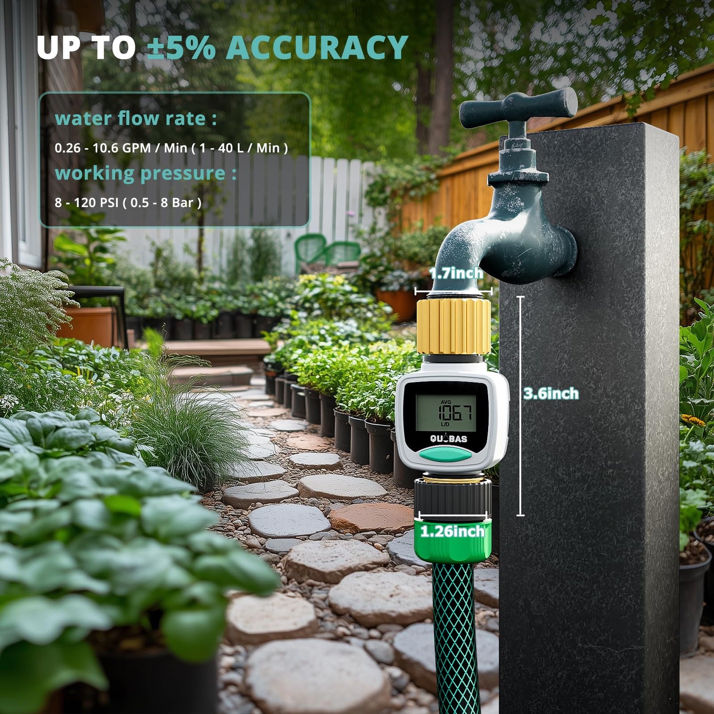 QUOBAS 2 Pack Water Flow Meter with Brass Fittings, Easy-Install Garden Hose Flow Meter for RV, Outdoor Plants, Lawn & Pool, Waterproof Screen, Tracks Gallon/Liter Usage, 4 Modes