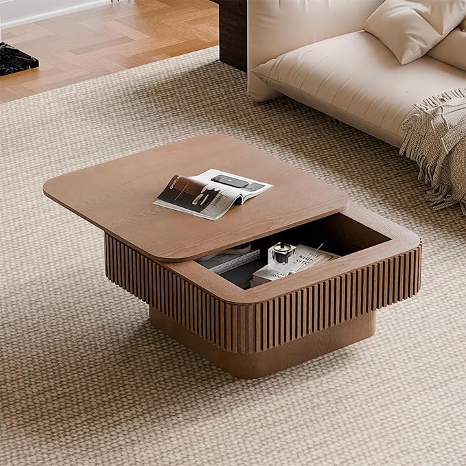 Square Coffee Table for Living Room, Fluted Drum Accent Tea Center Table