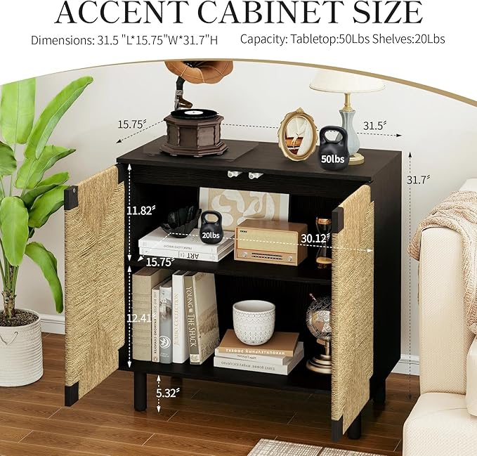 31.5" Black Accent Storage Cabinet, Modern Boho Sideboard