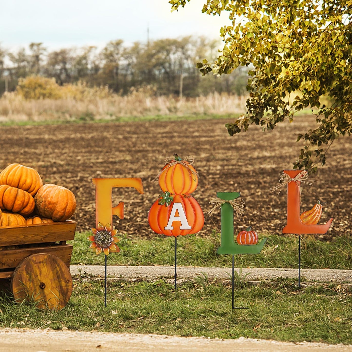 Juegoal 4 Pcs Fall Decorative Garden Stakes, 24 Inch Letter Metal Yard Sign with Pumpkins, Outdoor Art Stake for Thanksgiving Decorations Autumn Harvest Patio Lawn Walkway, Style A